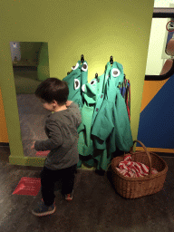 Max with Kikker`s clothes at the `Kikker is hier!` exhibition at the second floor of the Natuurmuseum Brabant