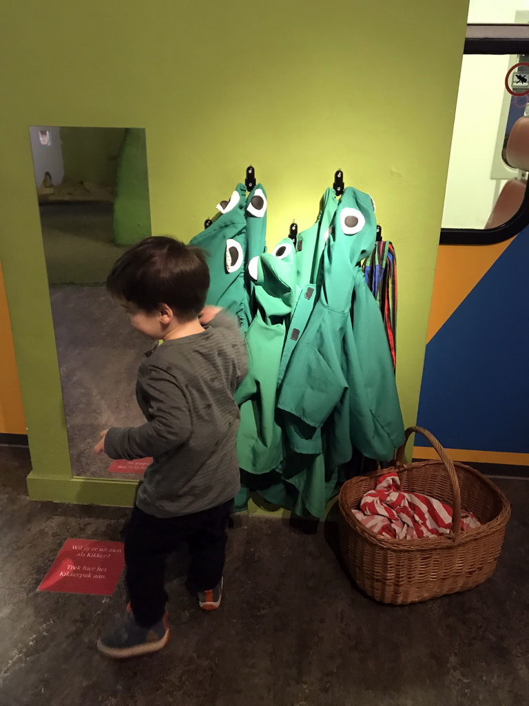 Max with Kikker`s clothes at the `Kikker is hier!` exhibition at the second floor of the Natuurmuseum Brabant