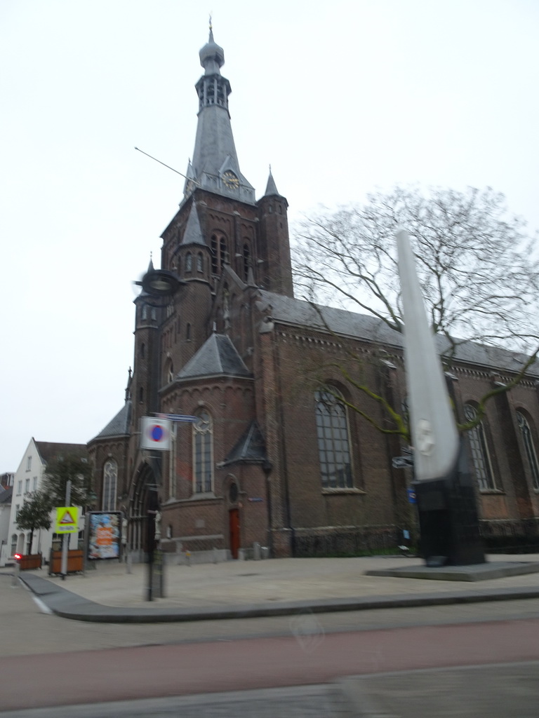 The Heikese Kerk church at the Stadhuisplein square, viewed from the car