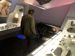 Max and his grandfather with a skull of a Tyrannosaurus Rex at the `Uitsterven` exhibition at the second floor of the Natuurmuseum Brabant