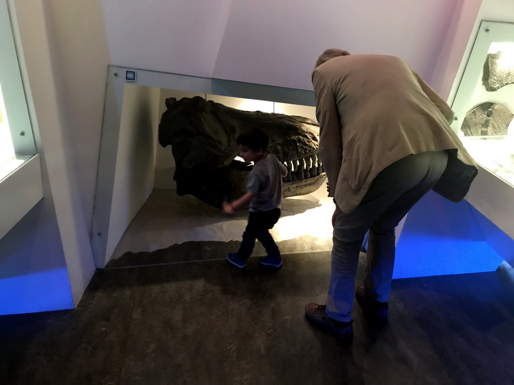 Max and his grandfather with a skull of a Tyrannosaurus Rex at the `Uitsterven` exhibition at the second floor of the Natuurmuseum Brabant