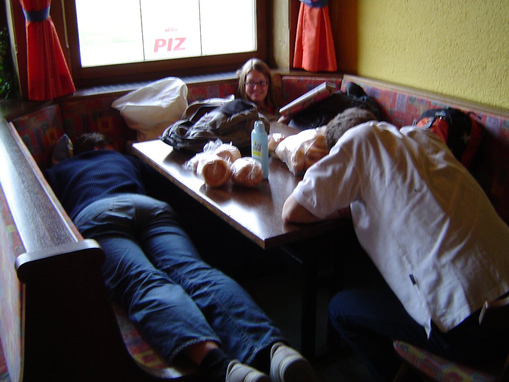 Tim and his friends at the restaurant of the Alpenhof Hotel at Brixlegg