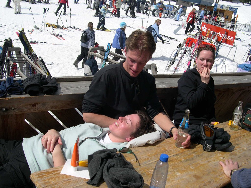 Tim`s friends at a terrace at the Hochzillertal ski resort