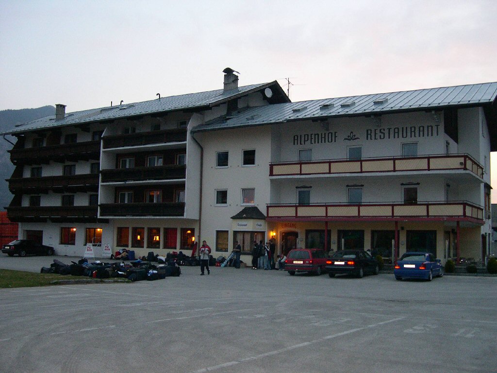 Front of the Alpenhof Hotel at the Innsbrucker Straße street at Brixlegg, at sunset