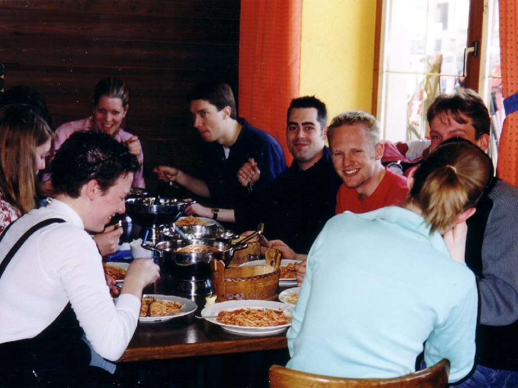 Tim and his friends having lunch at the Alpenhof Hotel at Brixlegg