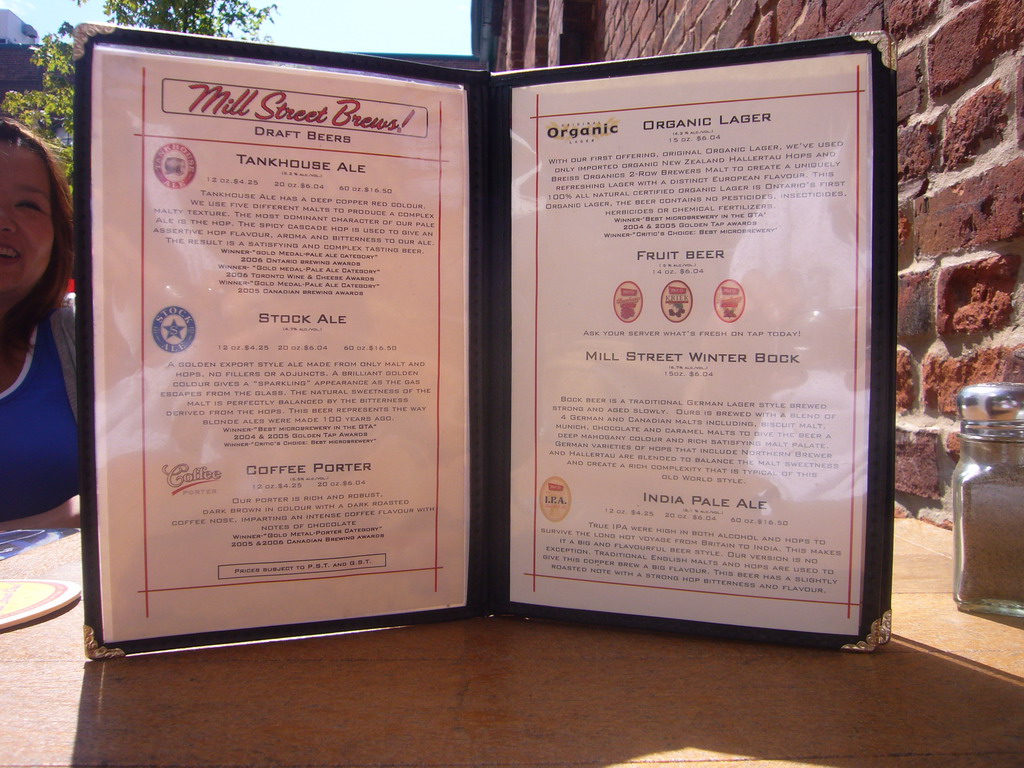 Beer menu of the Mill Street Brewery, in the Distillery District