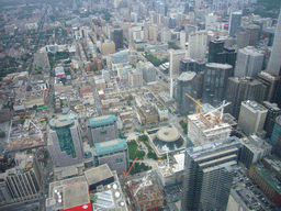 The Roy Thomson Hall, Simcoe Place and skyscrapers, from the 360 Revolving Restaurant in the CN Tower