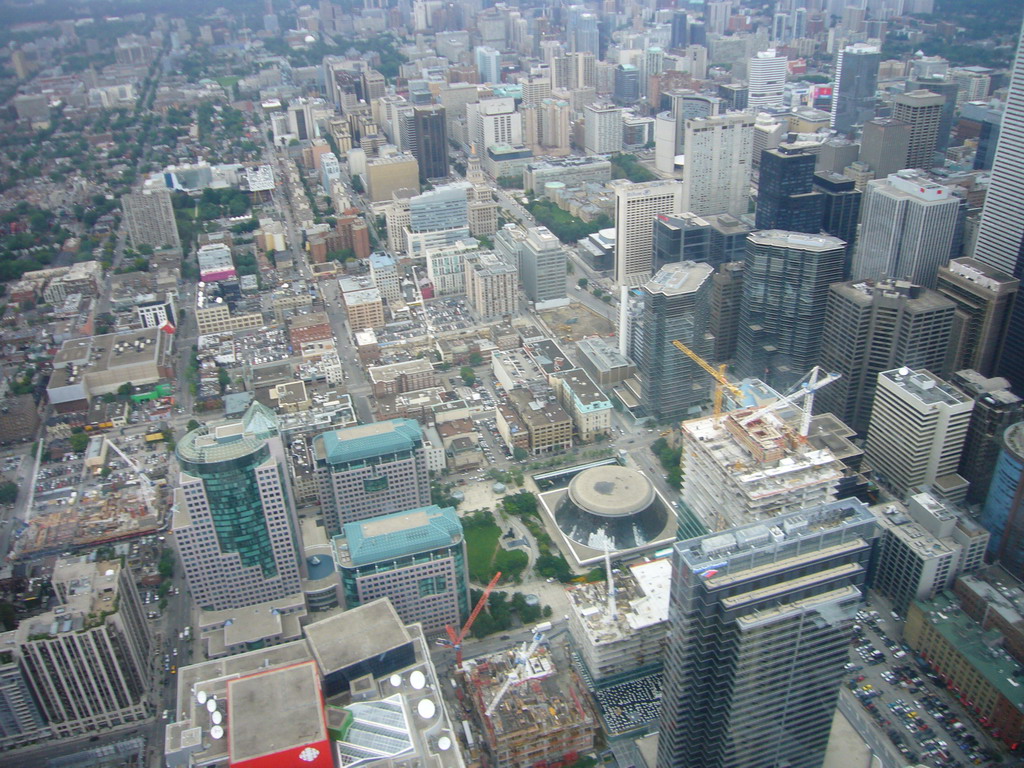 The Roy Thomson Hall, Simcoe Place and skyscrapers, from the 360 Revolving Restaurant in the CN Tower