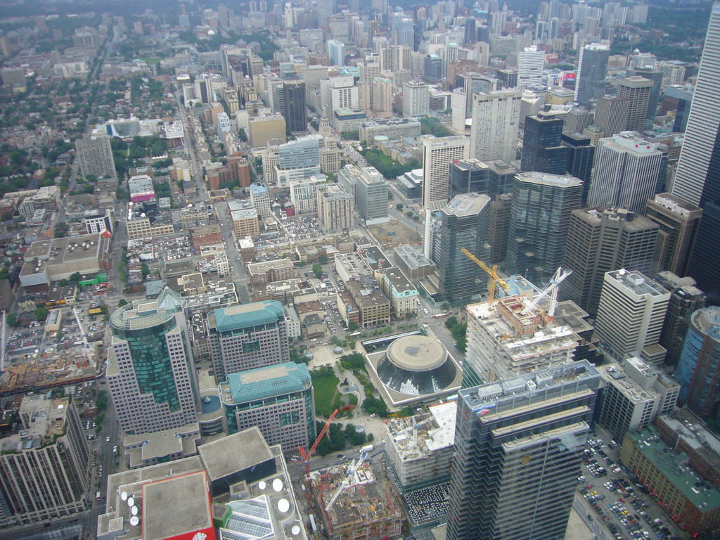 The Roy Thomson Hall, Simcoe Place and skyscrapers, from the 360 Revolving Restaurant in the CN Tower