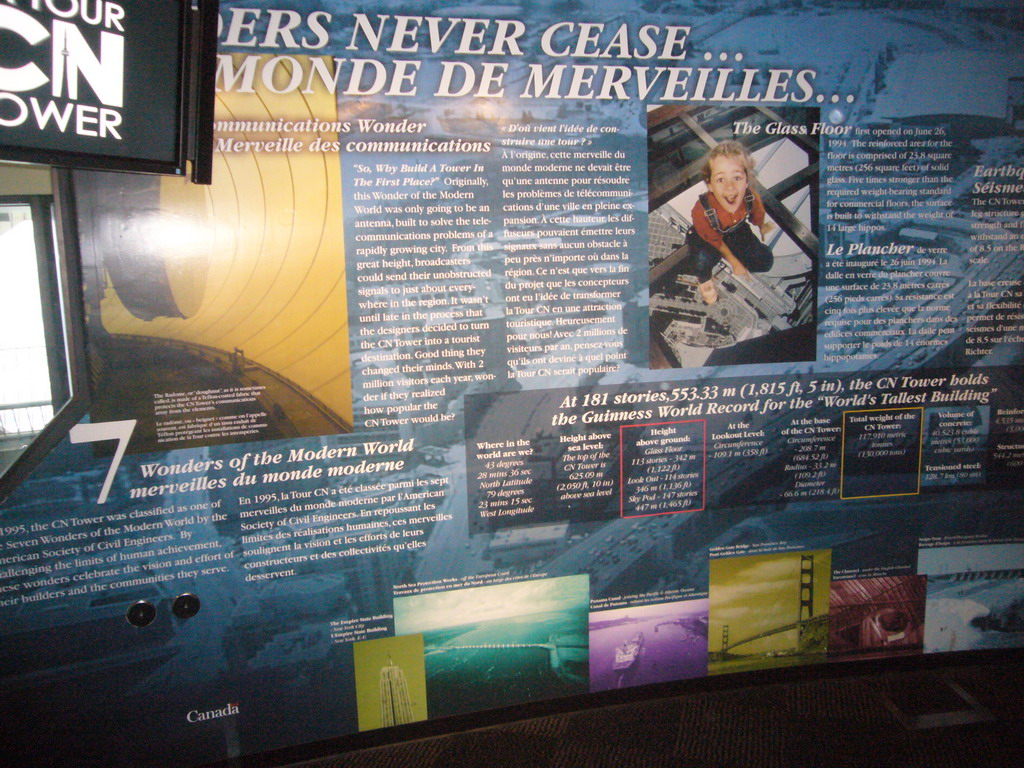 Explanation on the 7 Wonders of the Modern World, inside the CN Tower