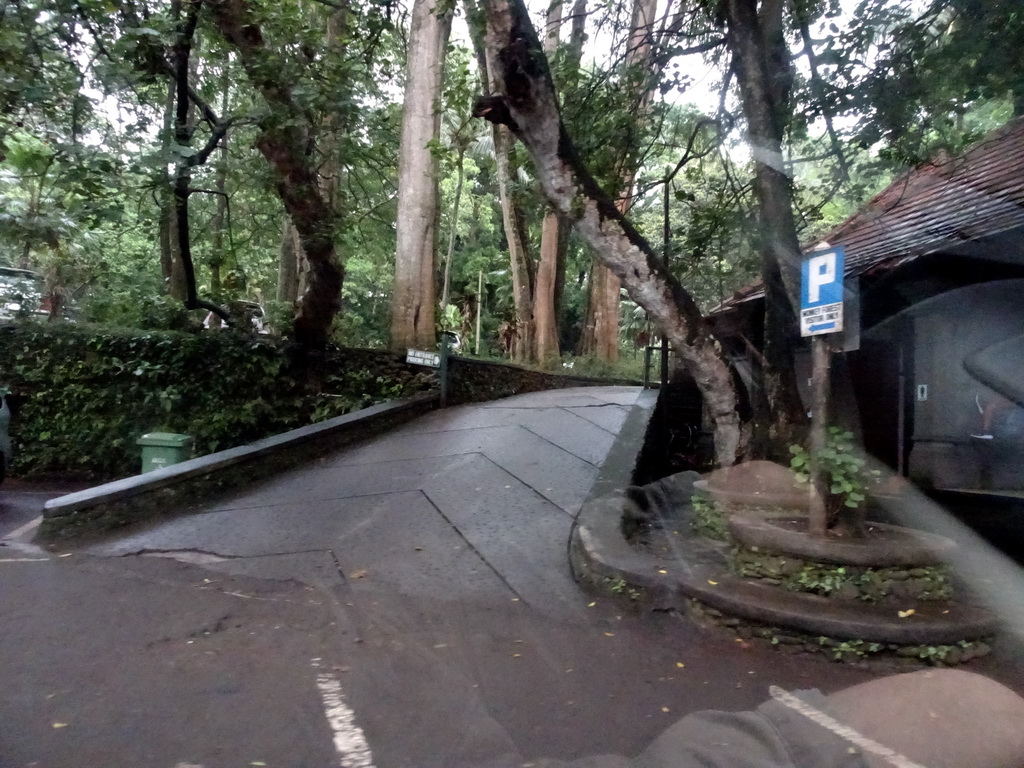 The entrance to the Monkey Forest at the Jalan Monkey Forest street, viewed from the taxi