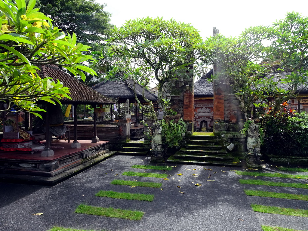 Gate and pavilions at the Pura Desa Ubud temple, viewed from the Jalan Raya Ubud street