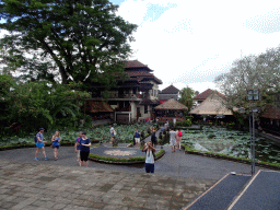 Pond with lotus plants and the Café Lotus, viewed from the front of the Pura Taman Saraswati temple