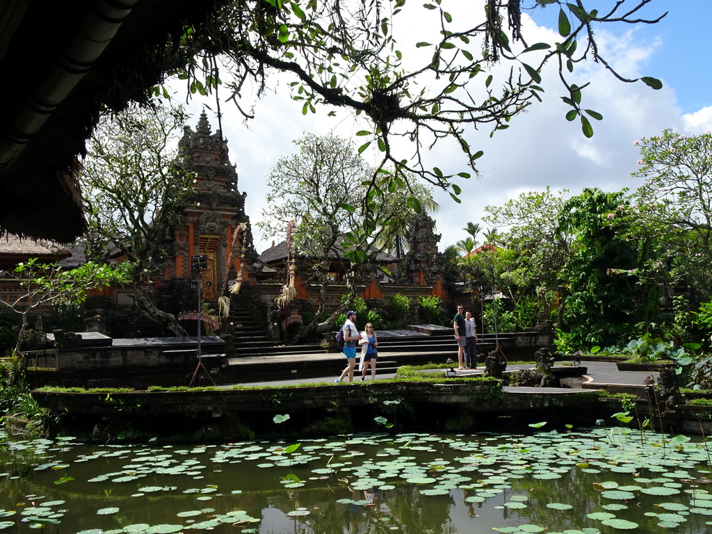 The pond with lotus plants and the front of the Pura Taman Saraswati temple, viewed from the terrace of Café Lotus