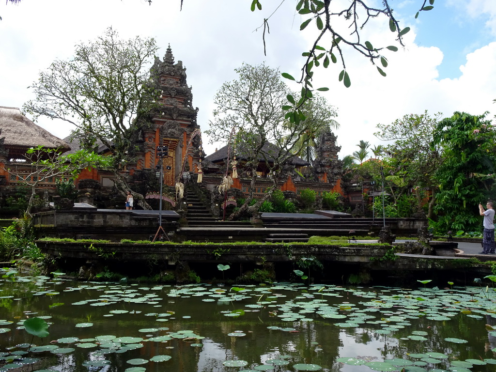 The pond with lotus plants and the front of the Pura Taman Saraswati temple, viewed from Café Lotus