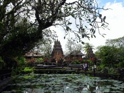 The pond with lotus plants and the front of the Pura Taman Saraswati temple, viewed from Café Lotus