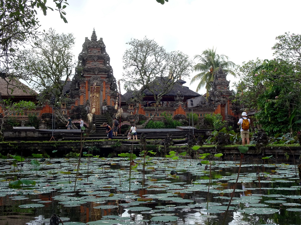 The pond with lotus plants and the front of the Pura Taman Saraswati temple, viewed from Café Lotus