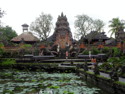 The pond with lotus plants and the front of the Pura Taman Saraswati temple, viewed from Café Lotus