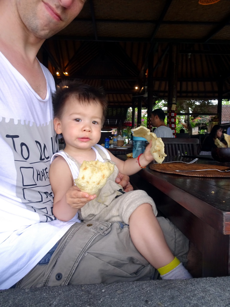 Tim and Max having lunch at the Bebek Joni Restaurant