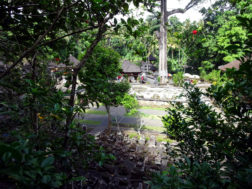 Ruins, large tree, the bathing place and the Pura Taman temple at the Goa Gajah temple, viewed from the path from the entrance