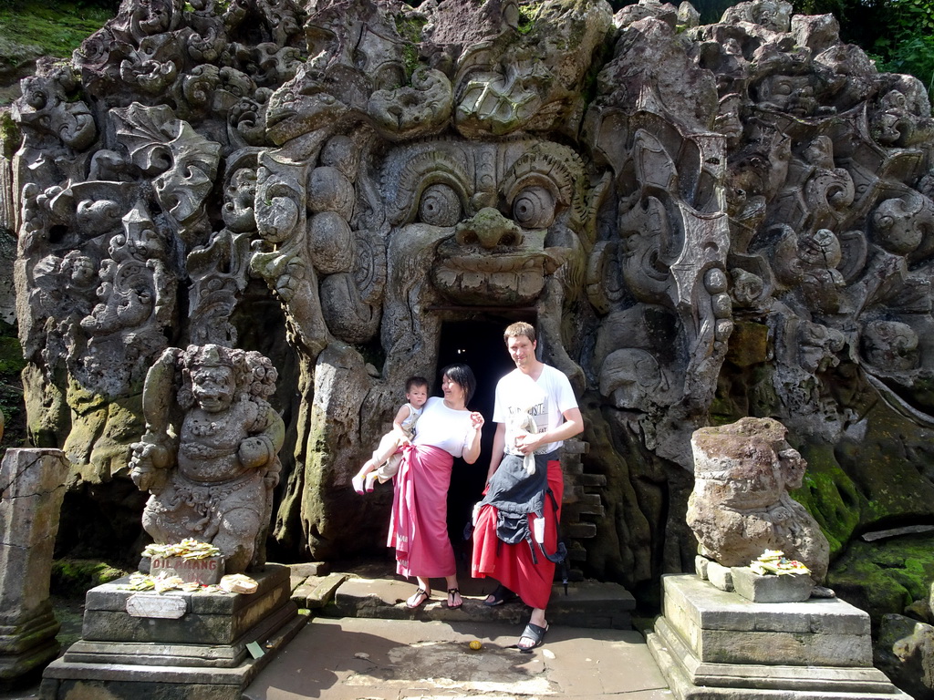 Tim, Miaomiao and Max in front of the `Elephant Cave` at the Goa Gajah temple