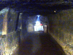 Hallway and Trilinga statues with offerings in the `Elephant Cave` at the Goa Gajah temple