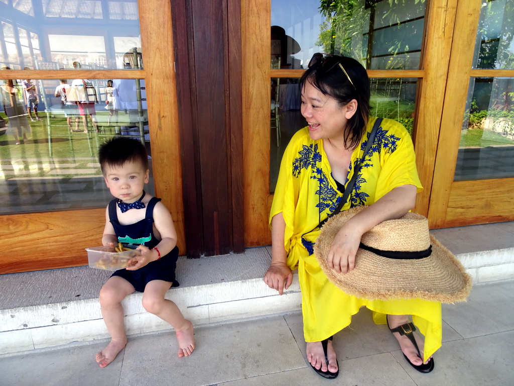 Miaomiao and Max in front of a pavilion at the Tirtha Wedding Chapel