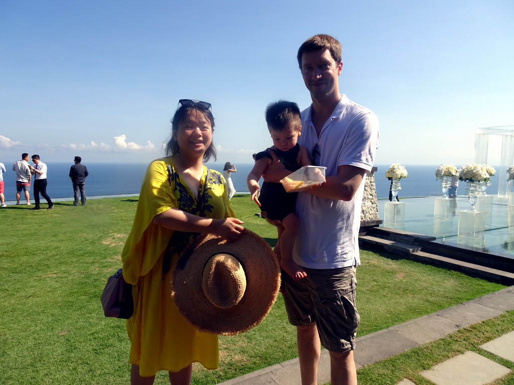 Tim, Miaomiao and Max at the grassland at the left side of the altar at the Tirtha Wedding Chapel