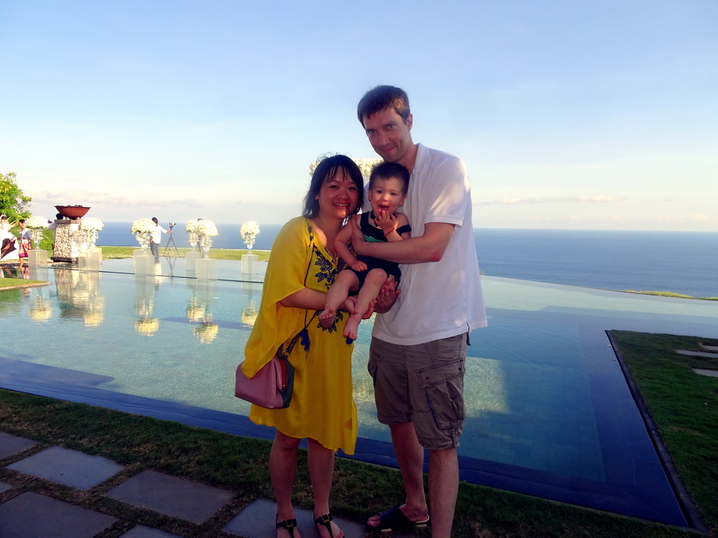 Tim, Miaomiao and Max in front of the altar at the Tirtha Wedding Chapel