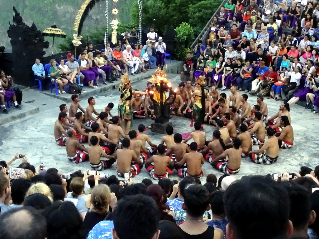 Rama, Sita and Laksamana during Act 1 of the Kecak and Fire Dance at the Amphitheatre of the Pura Luhur Uluwatu temple