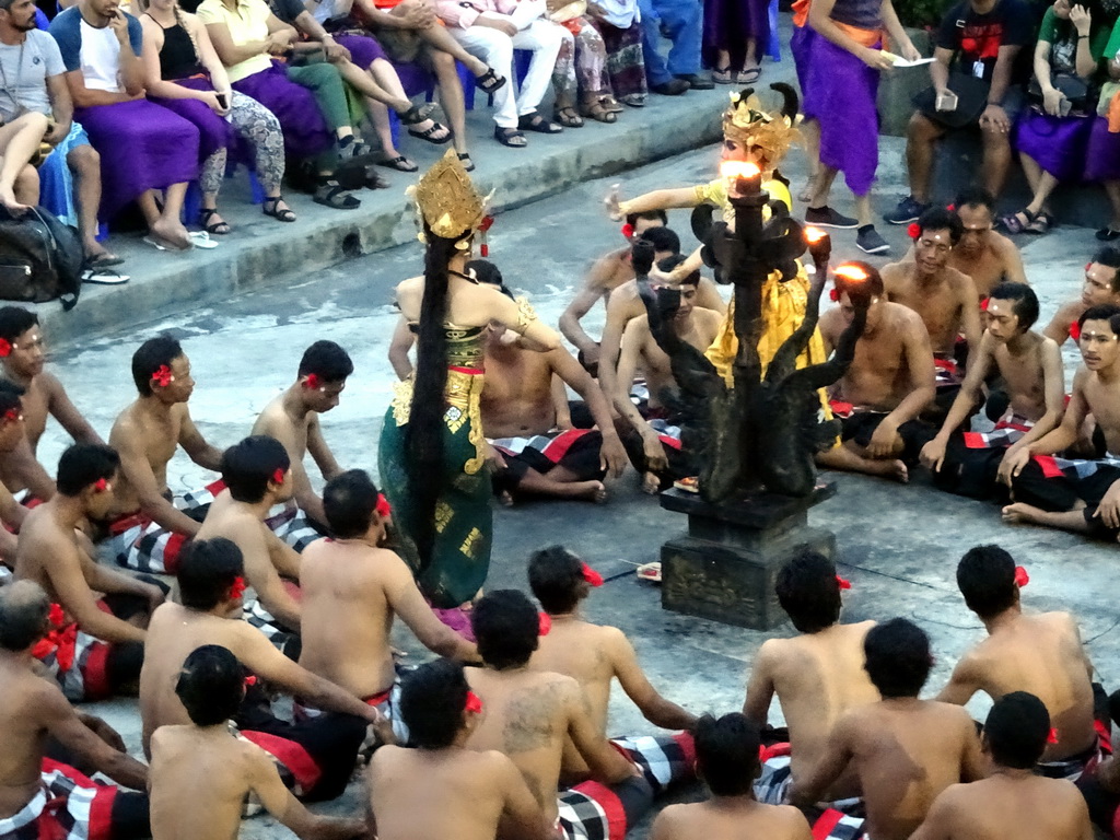 Rama and Sita during Act 1 of the Kecak and Fire Dance at the Amphitheatre of the Pura Luhur Uluwatu temple, at sunset