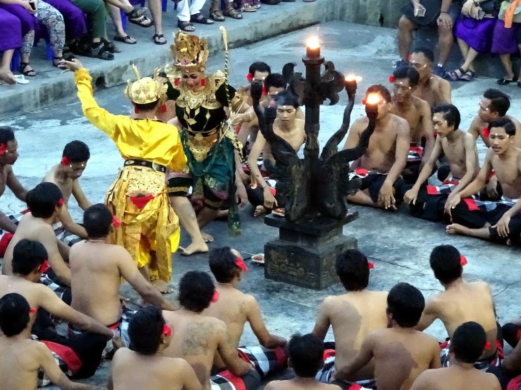 Laksamana and the Golden Deer during Act 1 of the Kecak and Fire Dance at the Amphitheatre of the Pura Luhur Uluwatu temple, at sunset