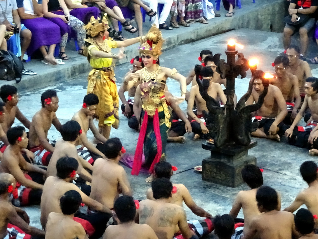 Rama and Sita during Act 1 of the Kecak and Fire Dance at the Amphitheatre of the Pura Luhur Uluwatu temple, at sunset