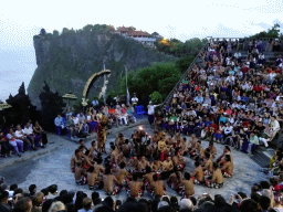 The Amphitheatre of the Pura Luhur Uluwatu temple, with Sita and Rahwana during Act 2 of the Kecak and Fire Dance, at sunset