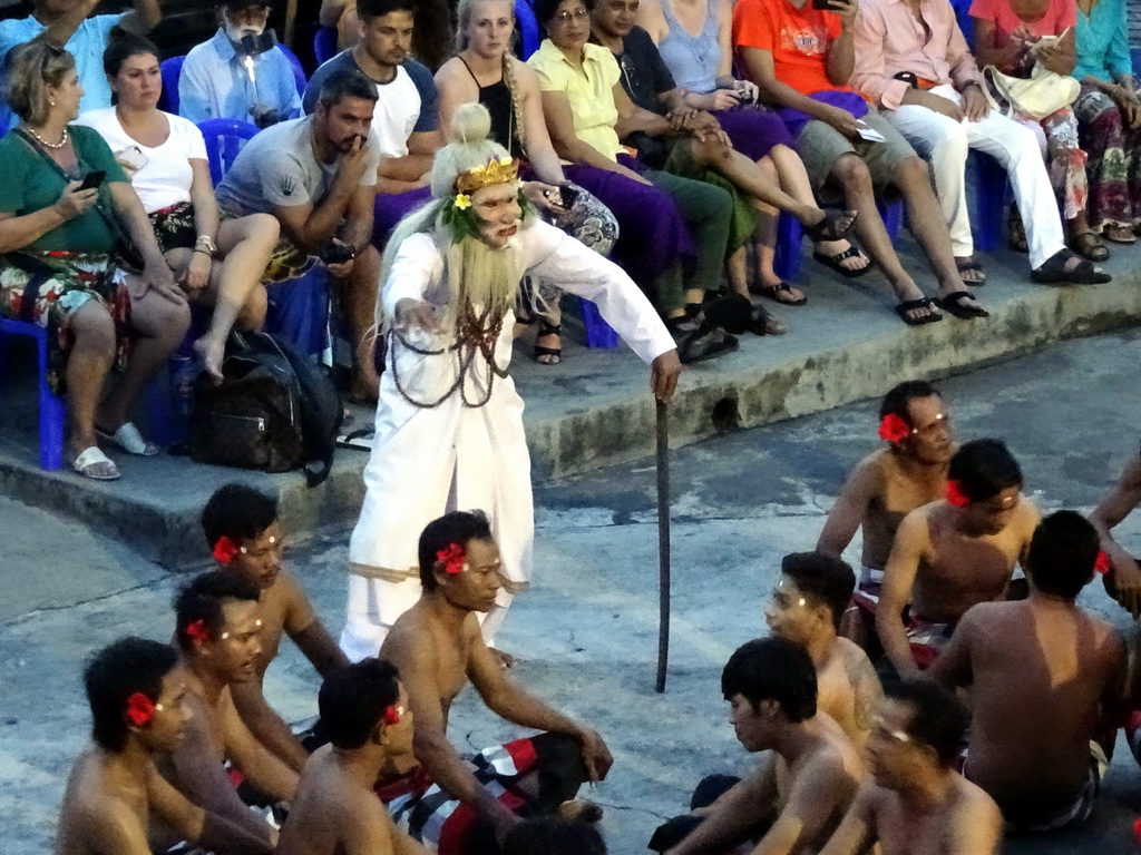 Bagawan during Act 2 of the Kecak and Fire Dance at the Amphitheatre of the Pura Luhur Uluwatu temple, at sunset
