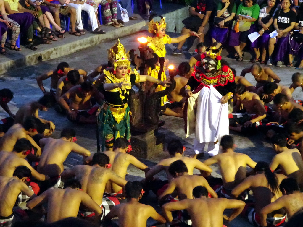 Twalen, Laksamana and Rama during Act 3 of the Kecak and Fire Dance at the Amphitheatre of the Pura Luhur Uluwatu temple, at sunset