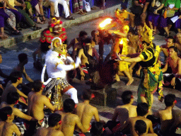 Twalen, Haruman, Laksamana and Rama during Act 3 of the Kecak and Fire Dance at the Amphitheatre of the Pura Luhur Uluwatu temple, at sunset