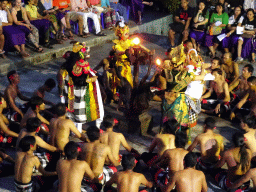 Twalen, Haruman, Laksamana and Rama during Act 3 of the Kecak and Fire Dance at the Amphitheatre of the Pura Luhur Uluwatu temple, at sunset
