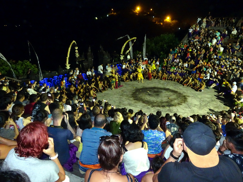 The Amphitheatre of the Pura Luhur Uluwatu temple, during the end of the Kecak and Fire Dance, by night