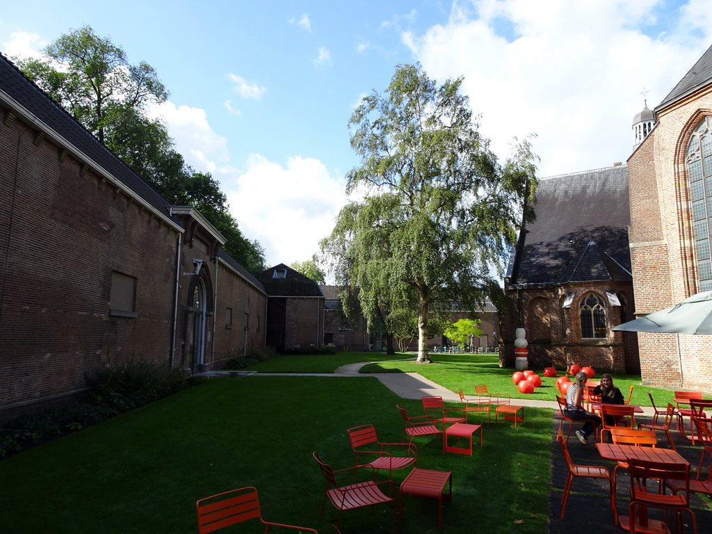 Inner garden of the Centraal Museum and the south side of the Nicolaïkerk church, viewed from the terrace of the Museumcafé Centraal restaurant