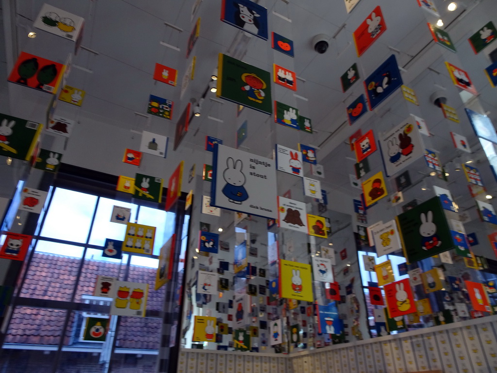 Nijntje books hanging on the ceiling of the Exhibit Room at the ground floor of the Nijntje Museum