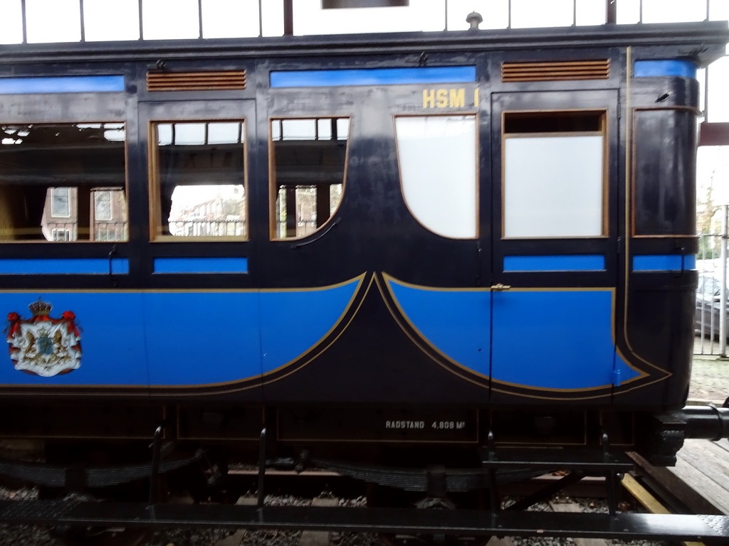 Old royal train at the back side of the Maliebaanstation building of the Spoorwegmuseum