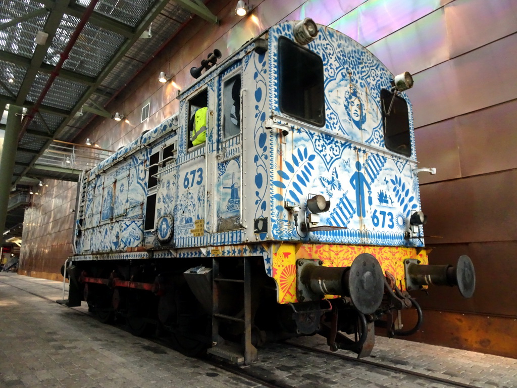 Decorated NS 673 train in the Werkplaats hall of the Spoorwegmuseum
