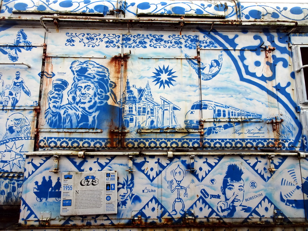 Decorated NS 673 train at the exterior Werkterrein area of the Spoorwegmuseum