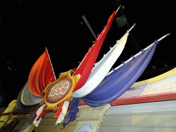 Flags at the facade of the railway station at the Grote Ontdekking attraction at the Spoorwegmuseum