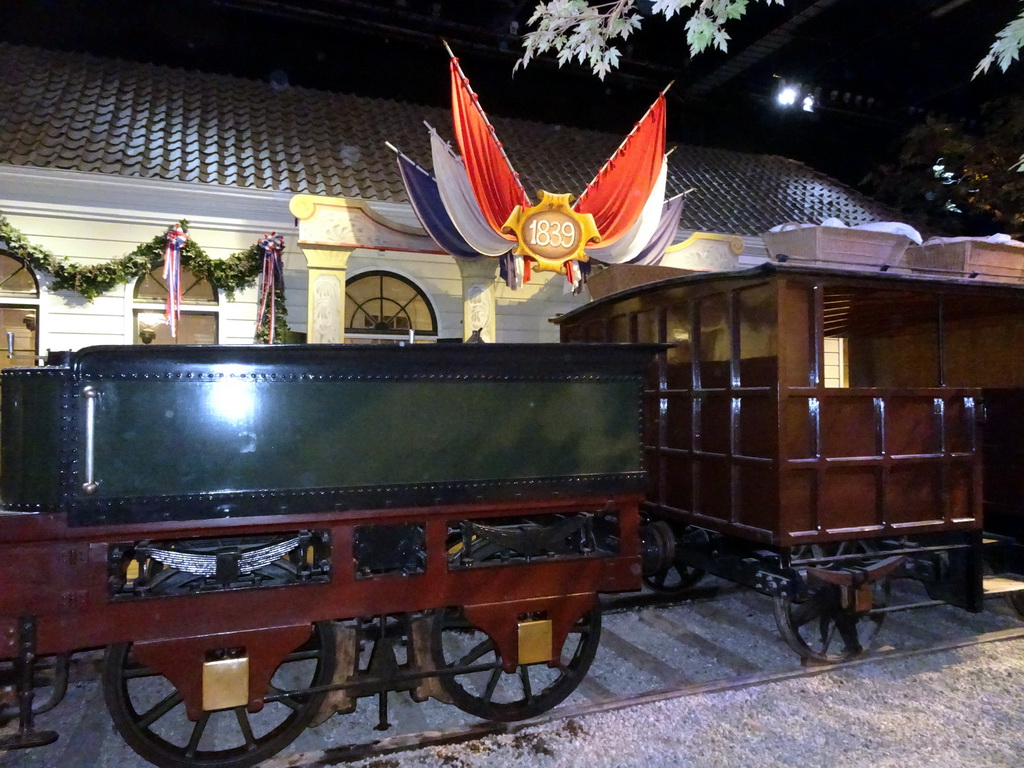 The steam locomotive `De Arend` in front of the railway station at the Grote Ontdekking attraction at the Spoorwegmuseum