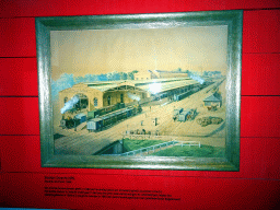 Drawing of the Utrecht NRS railway station, at the Grote Ontdekking attraction at the Spoorwegmuseum, with explanation