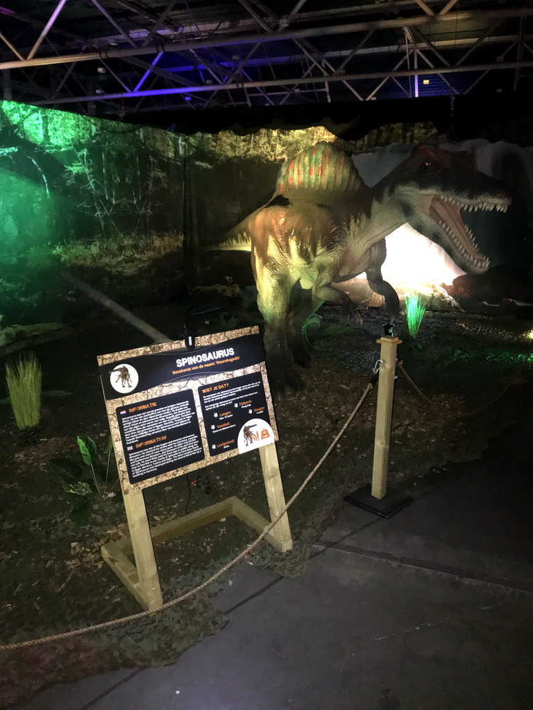 Spinosaurus statue at the World of Dinos exhibition at the Jaarbeurs building, with explanation