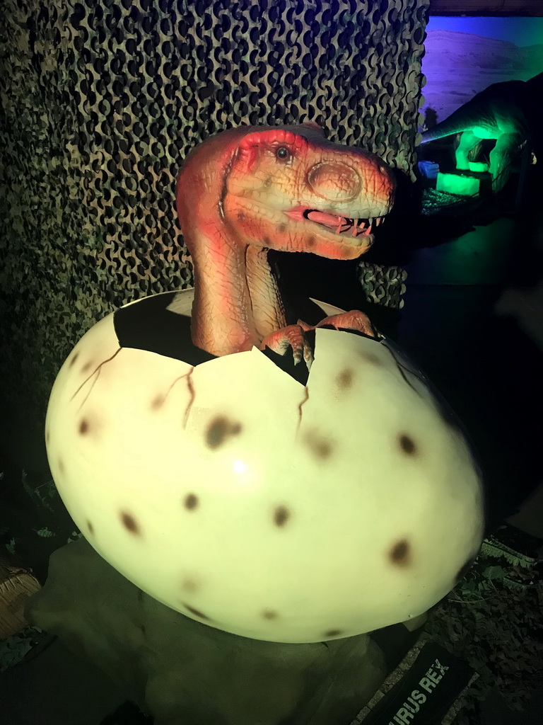 Tyrannosaurus Rex in a egg statue at the World of Dinos exhibition at the Jaarbeurs building