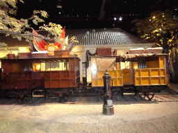 The steam locomotive `De Arend` and the railway station at the Grote Ontdekking attraction at the Spoorwegmuseum